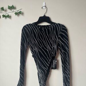 SHEIN Black Metallic Zebra-Stripe Long Sleeve Bodysuit